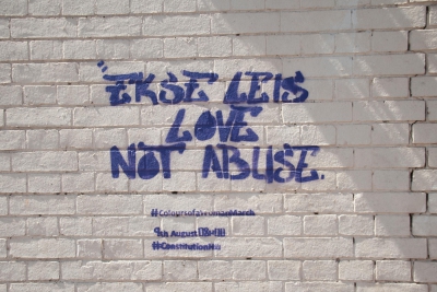 “I say, let’s love not abuse”: a mural in inner-city Johannesburg, South Africa.